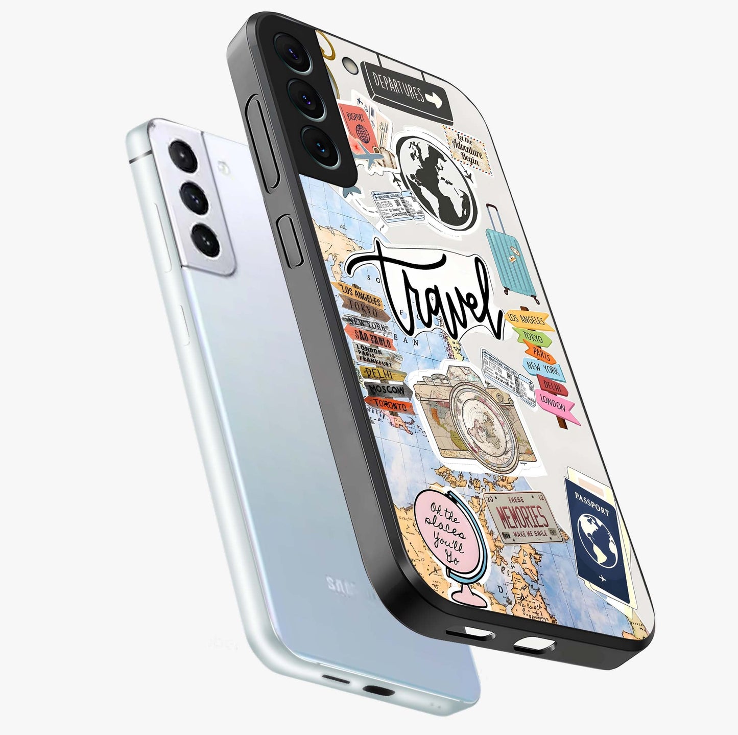 Wanderlust Journal Glass Case displayed in angled mockup highlighting adventure themed design with aesthetic travel vibe.