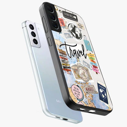 Wanderlust Journal Glass Case displayed in angled mockup highlighting adventure themed design with aesthetic travel vibe.