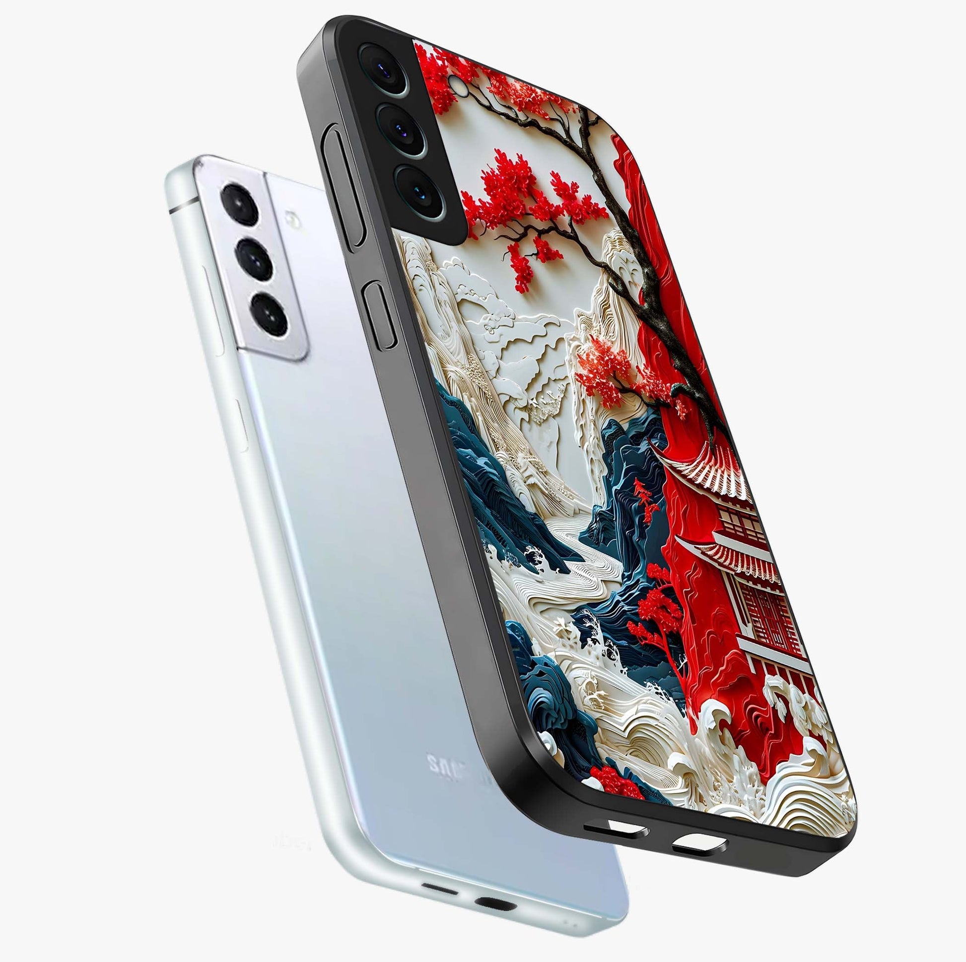 Whispers Of Sakura Waves Glass Case displayed in angled mockup highlighting flowing sakura design with soft floral aesthetic.