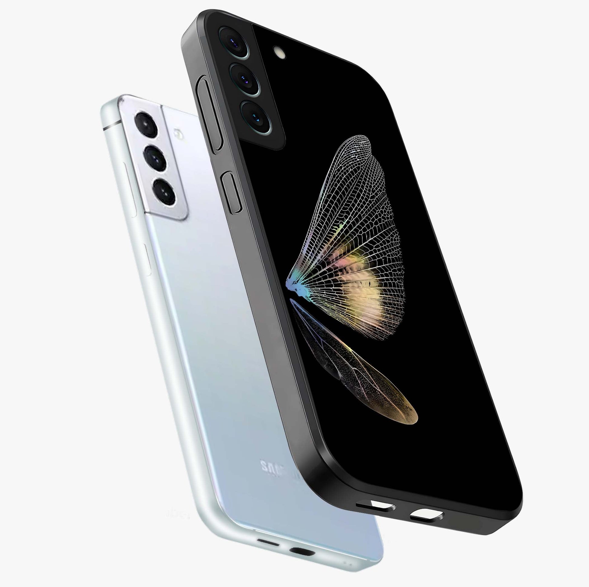 Whispers Of Wings Glass Case displayed in angled mockup highlighting soft feather design with celestial aesthetic style.