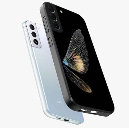 Whispers Of Wings Glass Case displayed in angled mockup highlighting soft feather design with celestial aesthetic style.