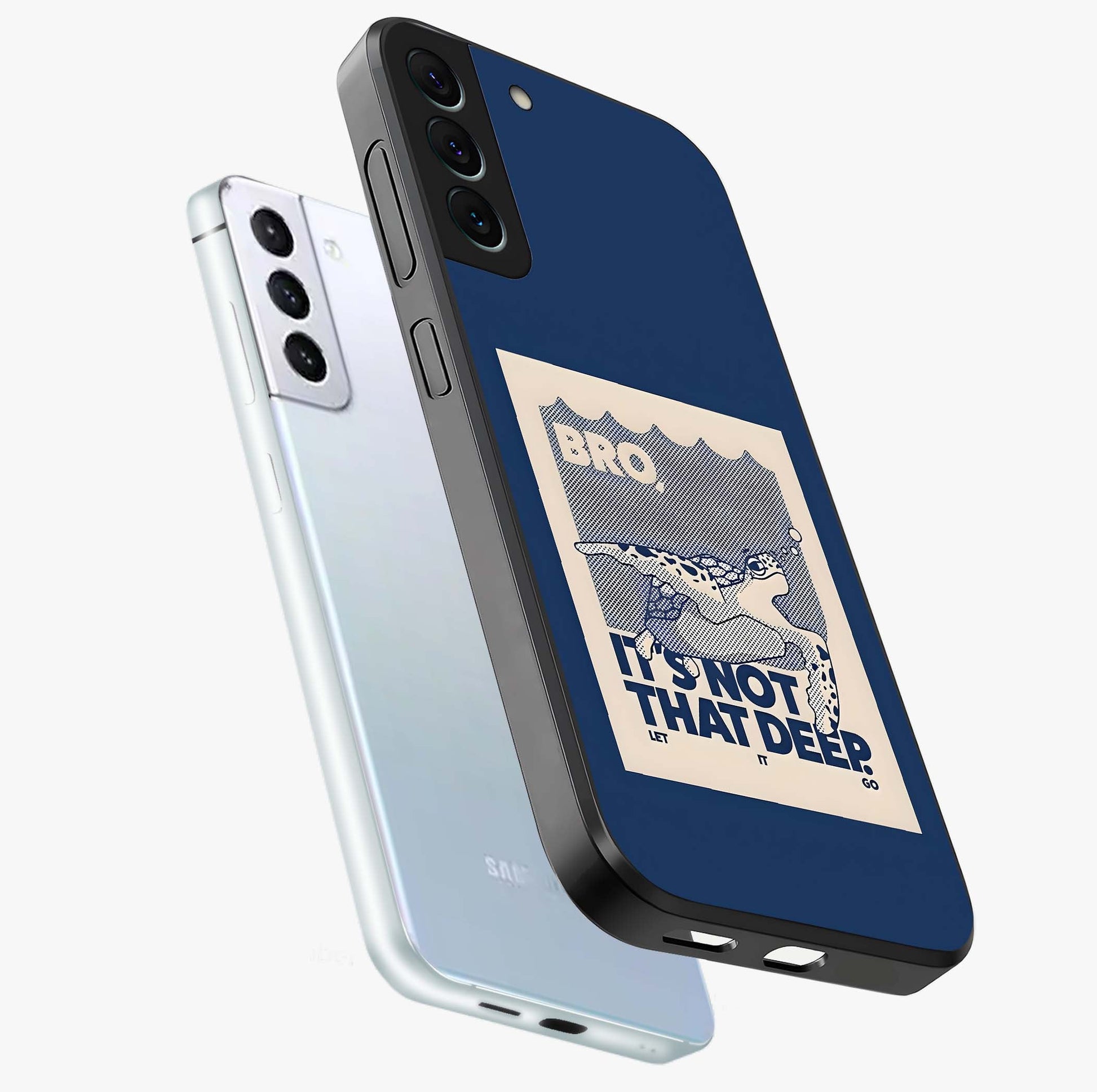 Worry Less Swim Glass Case displayed in angled mockup highlighting fun typography design with relaxed aesthetic style.