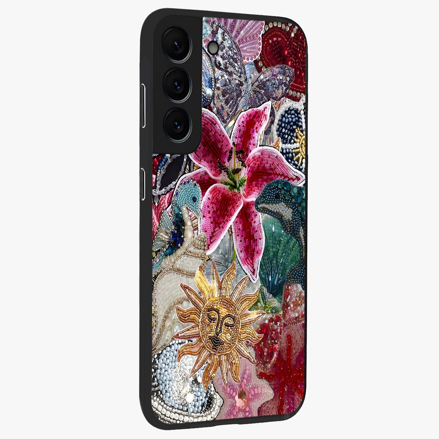 Beaded Garden Fantasy Glass Case upright view showcasing whimsical garden aesthetic with artistic bead details.