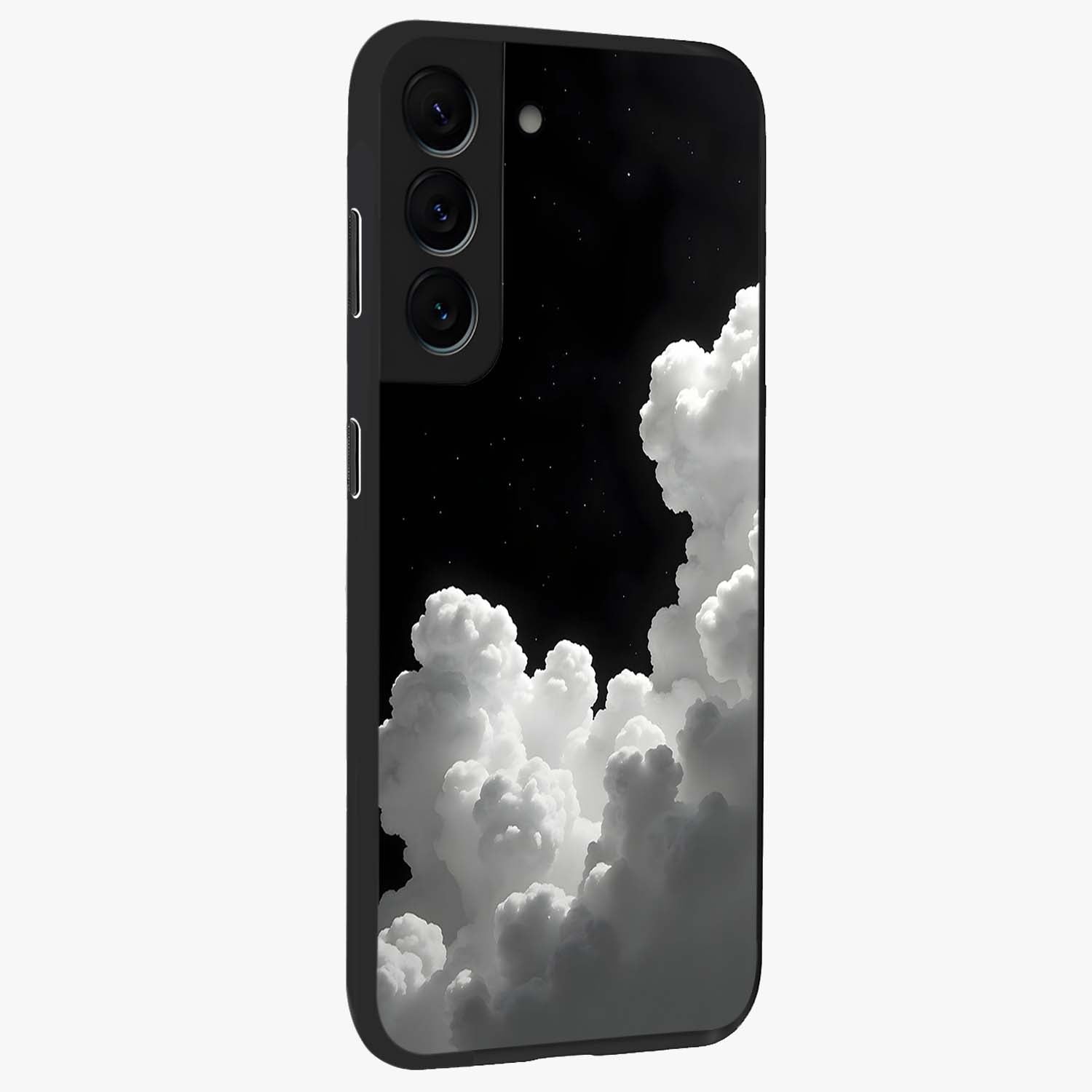 Black Background With White Cloud Glass Case upright view showcasing calm cloud aesthetic with modern minimal style.