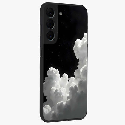 Black Background With White Cloud Glass Case upright view showcasing calm cloud aesthetic with modern minimal style.