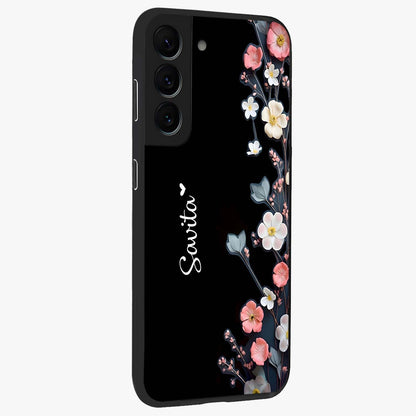 Black Elegance Floral Custom Name Glass Case upright view showcasing luxurious black floral design with personalized name detail.