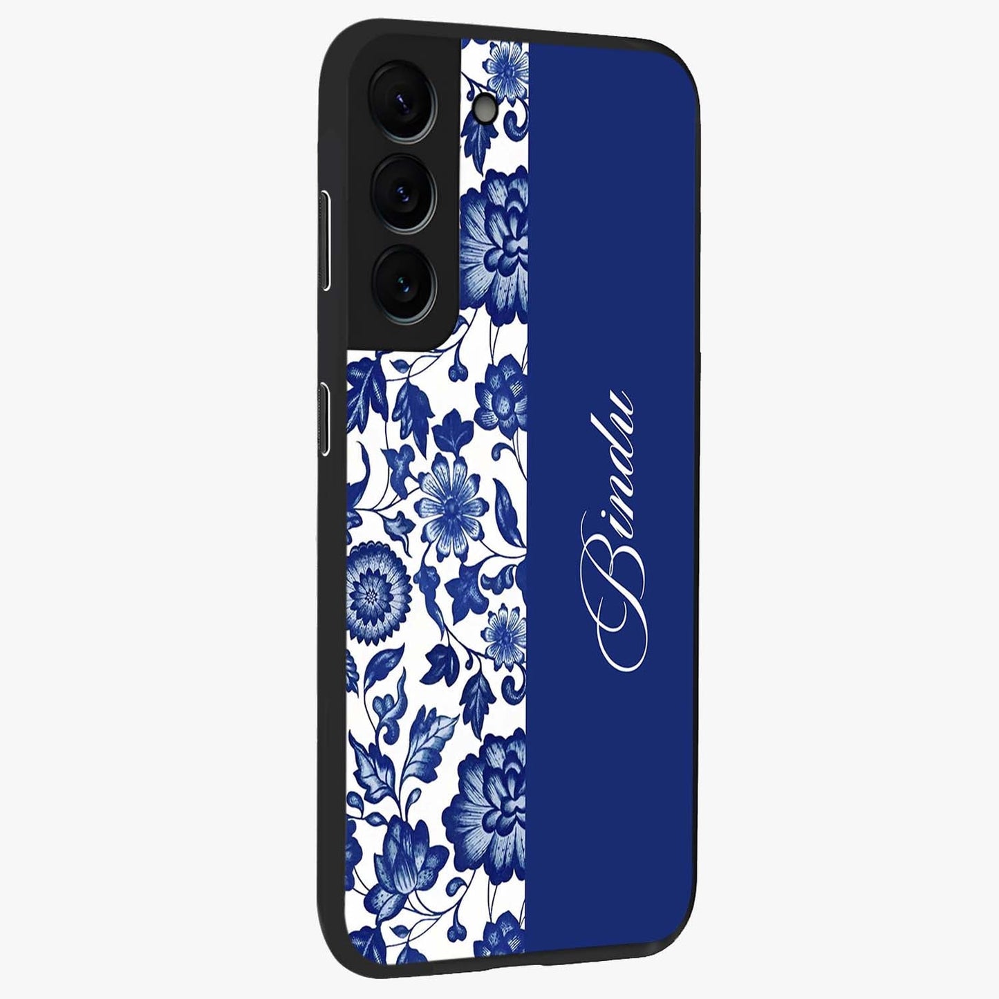 Blue Vintage Floral Pattern Glass Case upright view showcasing delicate blush floral texture with modern minimal style.