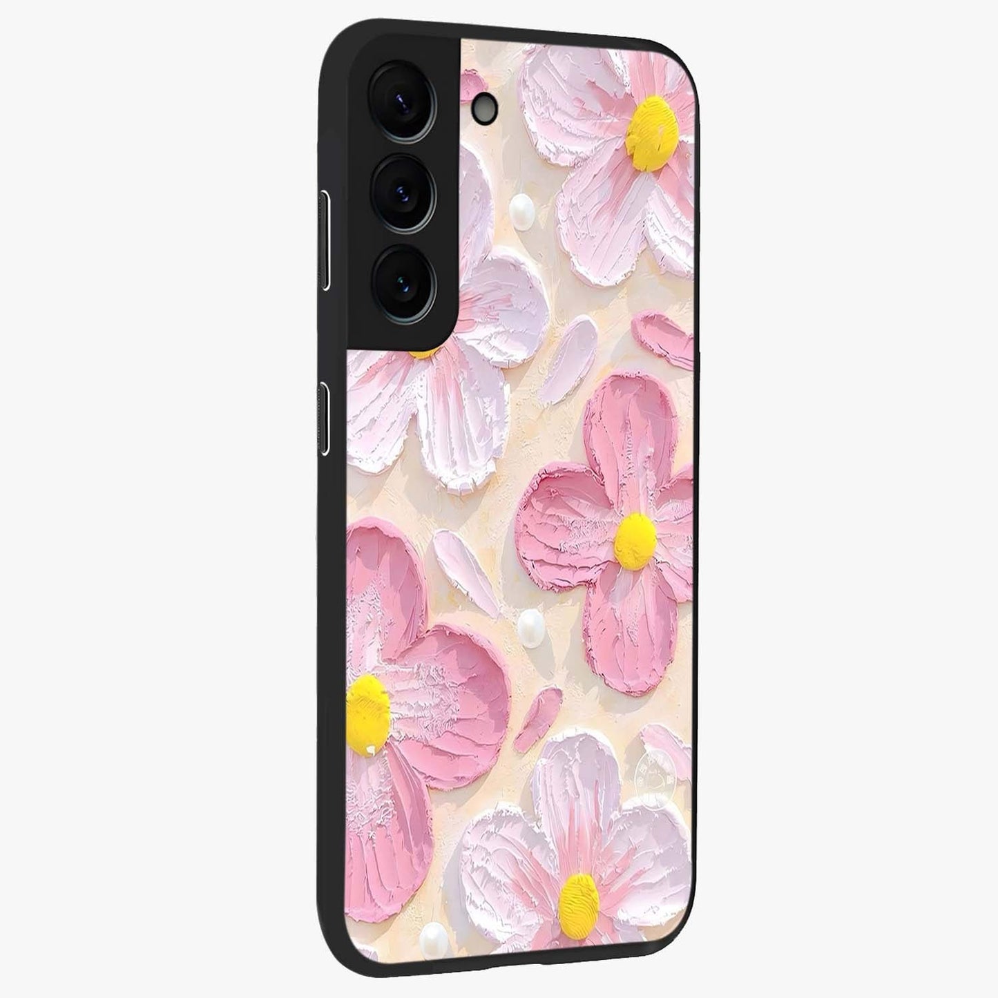 Blush Bloom Texture Glass Case upright view showcasing delicate blush floral texture with modern minimal style.