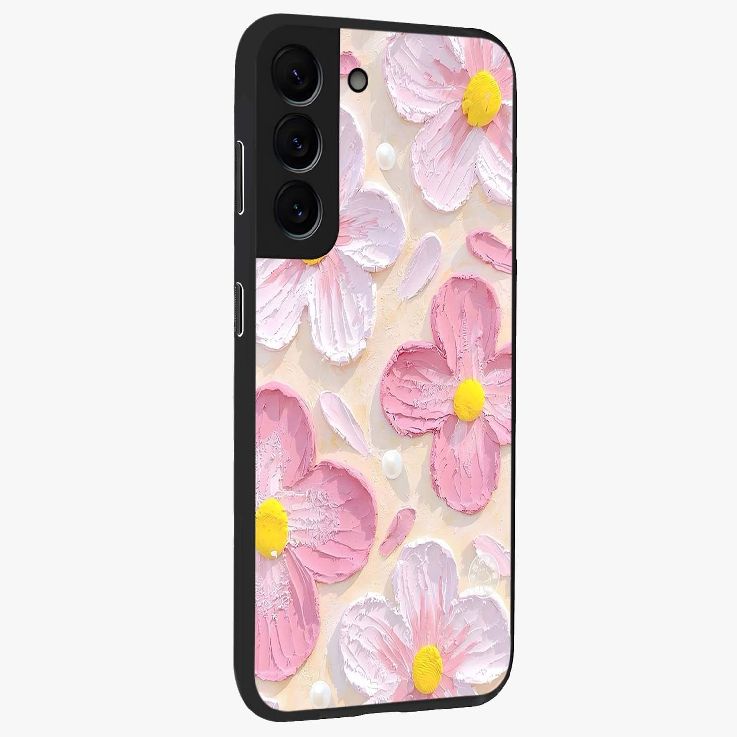Blush Bloom Texture Glass Case upright view showcasing delicate blush floral texture with modern minimal style.