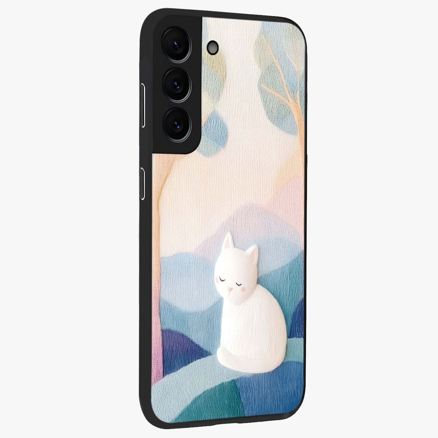 Cotton Dream Cat Glass Case upright view showcasing charming cat artwork with cozy dreamy theme.