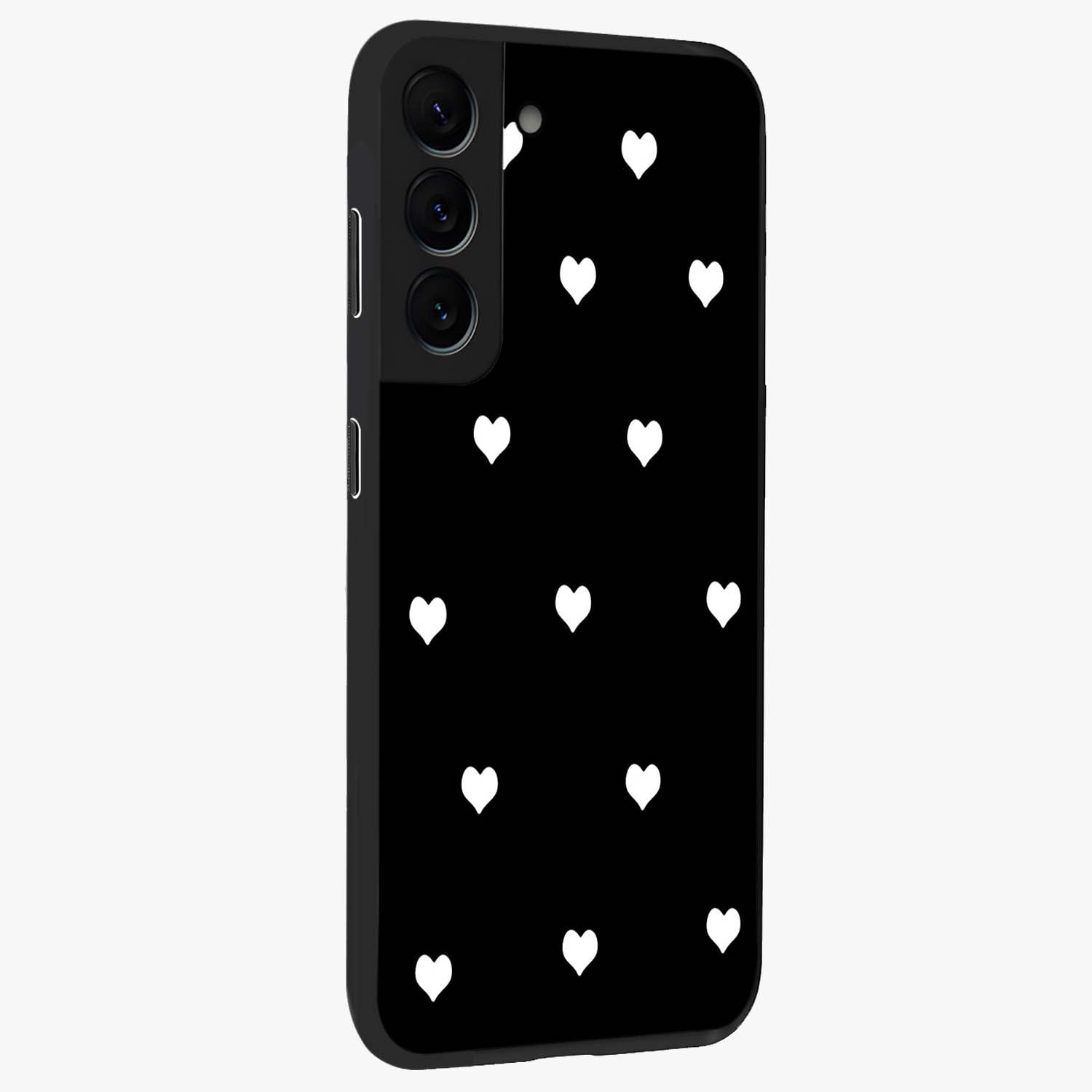 Cute And Simple White Hearts Glass Case upright view showcasing simple white hearts artwork with soft minimal theme.