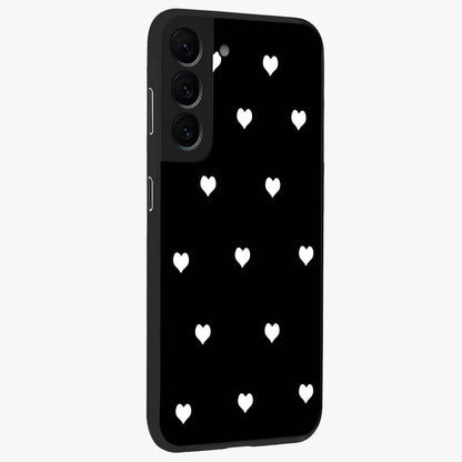 Cute And Simple White Hearts Glass Case upright view showcasing simple white hearts artwork with soft minimal theme.