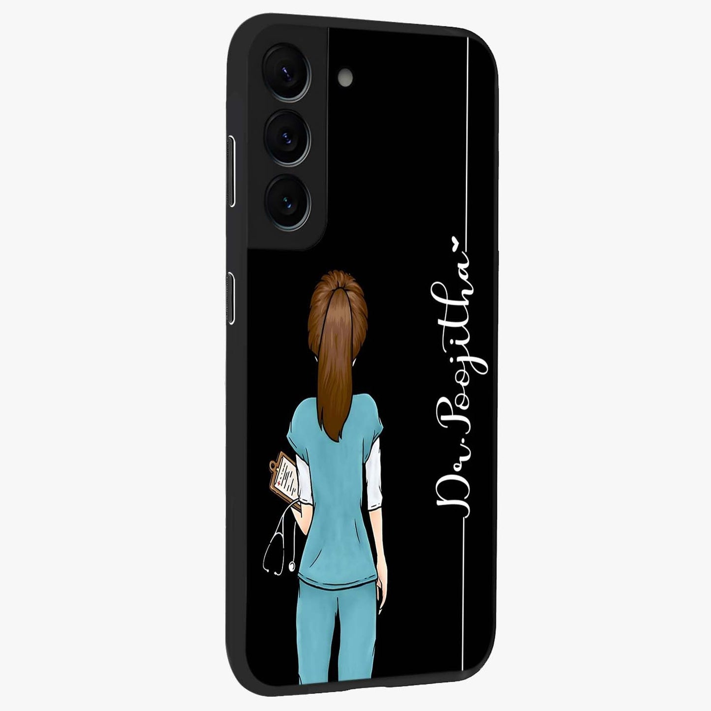 Doctor Pattern Custom Name Glass Case upright view showcasing healthcare themed design with personalized aesthetic.