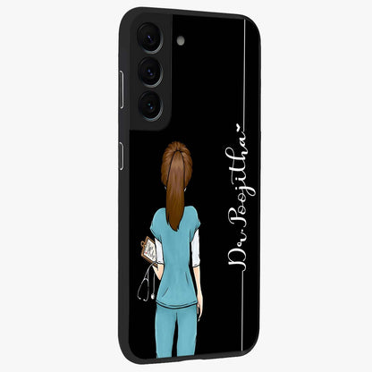 Doctor Pattern Custom Name Glass Case upright view showcasing healthcare themed design with personalized aesthetic.