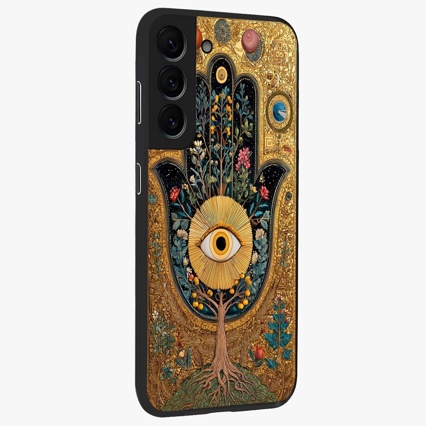 Ethereal Evil Eye Glass Case upright view showcasing celestial evil eye artwork with mystical theme.
