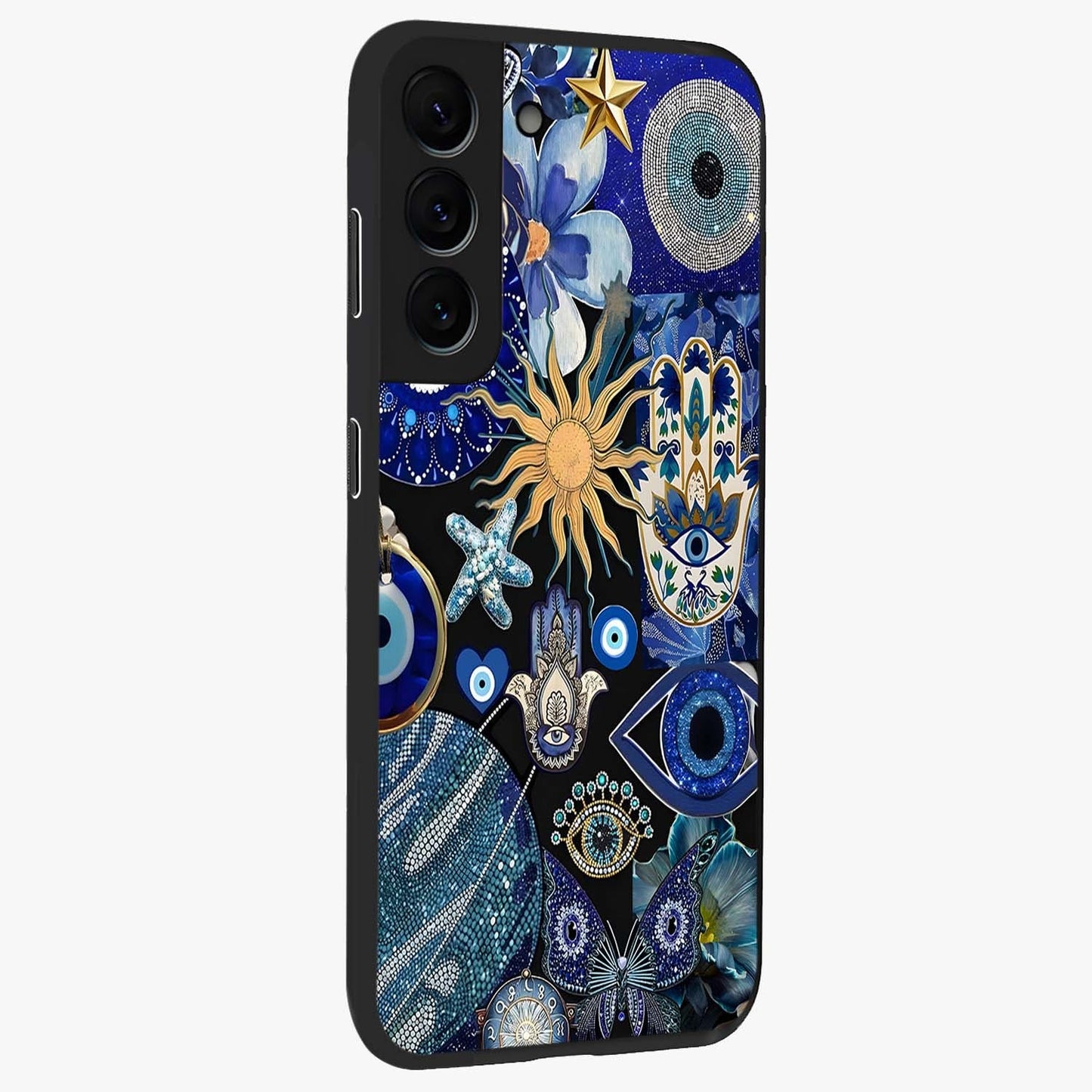 Evil Eye Charm Mix Glass Case upright view showcasing mystical evil eye pattern with vibrant decorative style.
