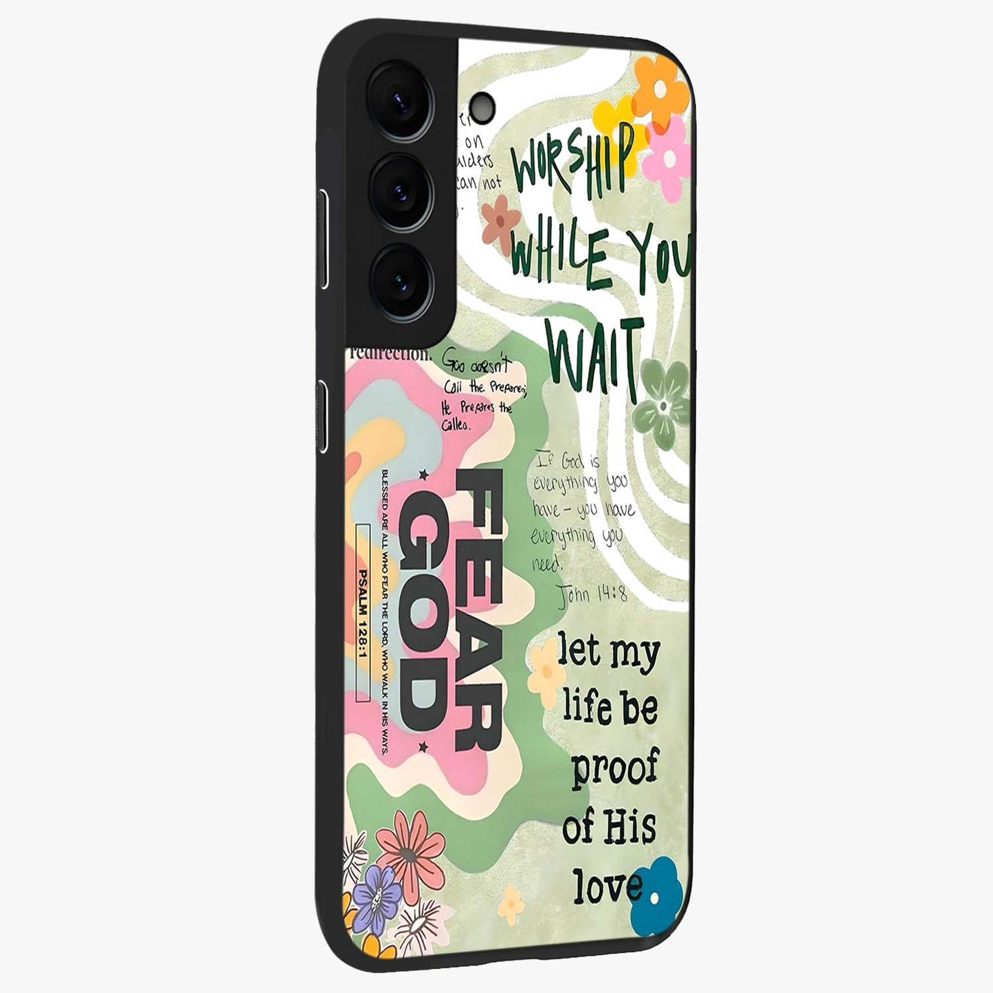 Faith Over Fear Glass Case upright view showcasing bold typography artwork with uplifting motivational theme.