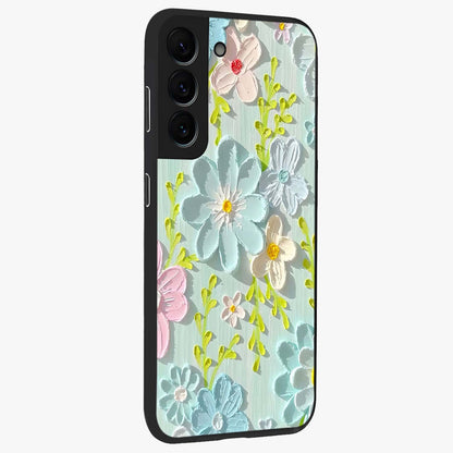 Frosted Petal Garden Glass Case upright view showcasing elegant floral garden artwork with soothing pastel theme.