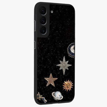 Galactic Charm Glow Glass Case upright view showcasing glowing cosmic charm artwork with magical celestial style.