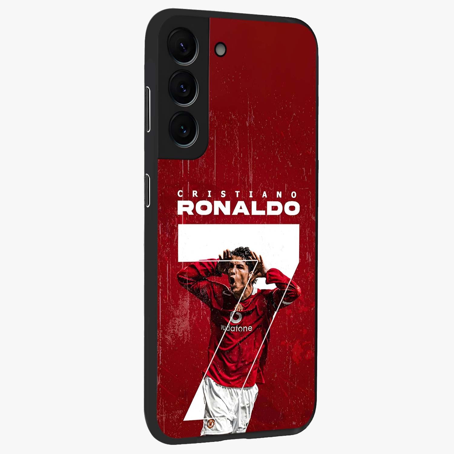 Goal Celebration Legacy Glass Case upright view showcasing dynamic football inspired artwork with victory celebration aesthetic.