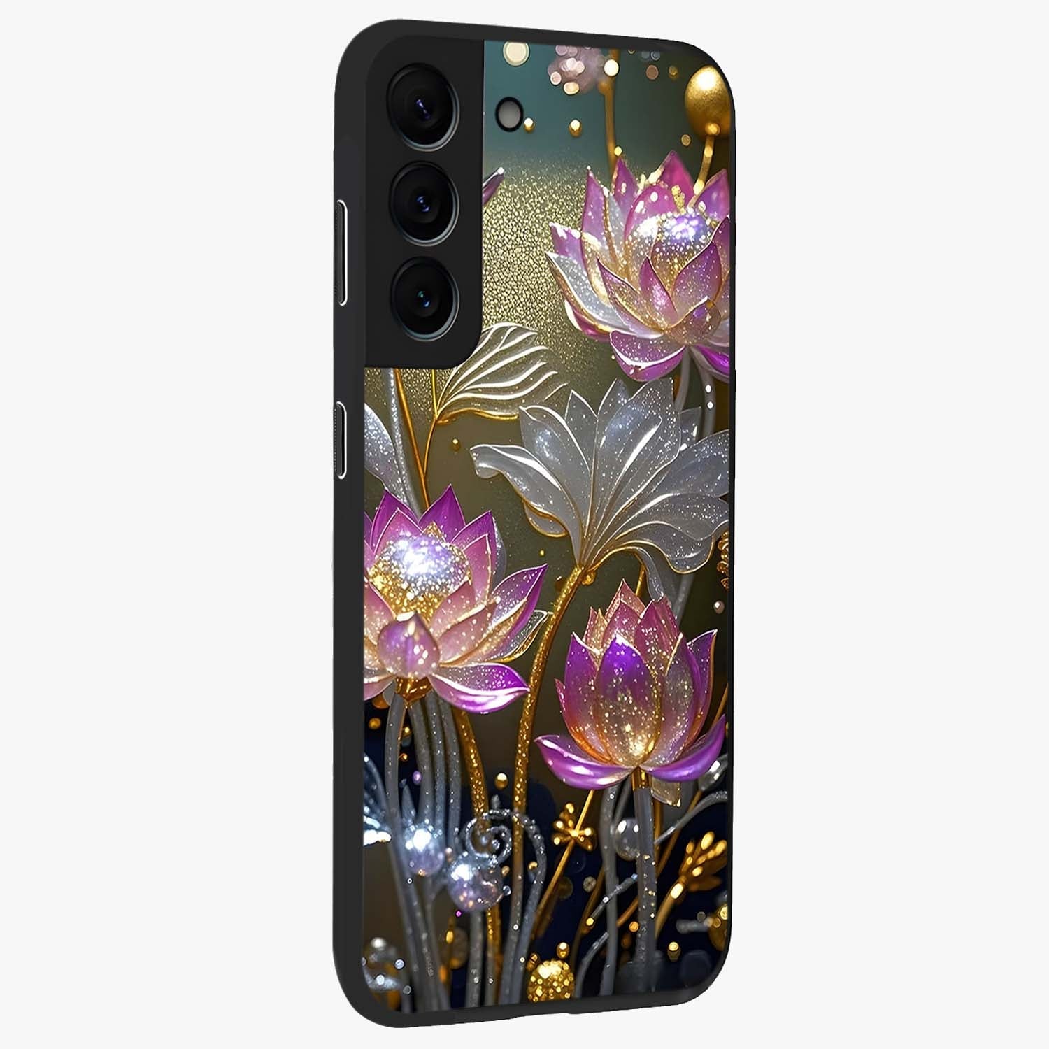 Golden Floral Majesty Glass Case upright view showcasing majestic floral artwork with rich decorative theme.