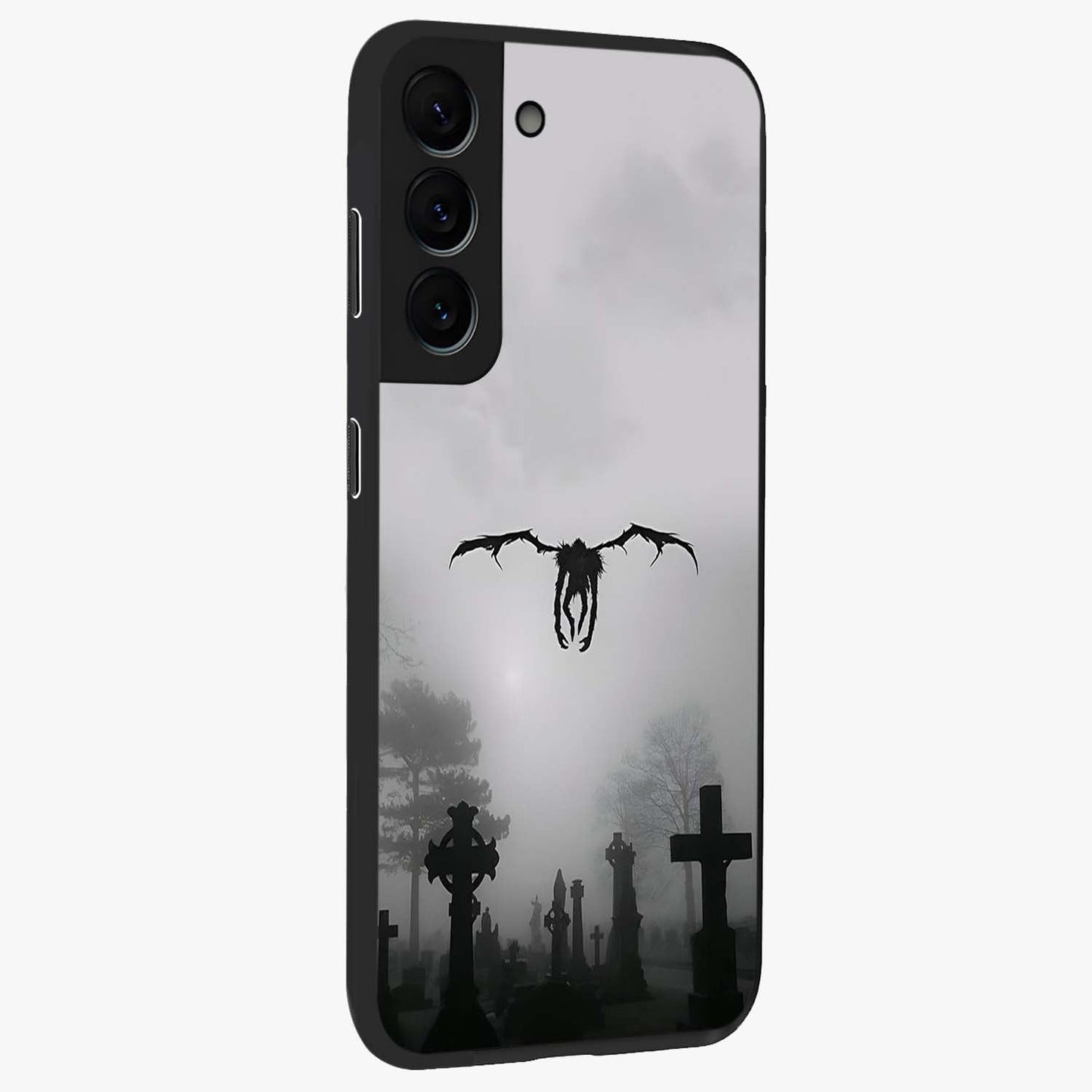 Graveyard Shadow Descent Glass Case upright view showcasing haunting graveyard artwork with dramatic dark theme.