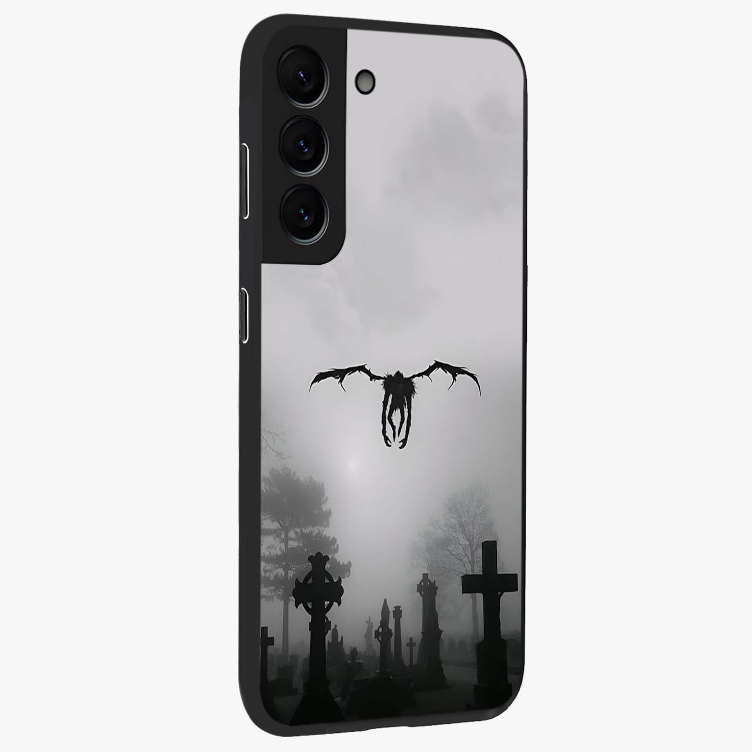 Graveyard Shadow Descent Glass Case upright view showcasing haunting graveyard artwork with dramatic dark theme.