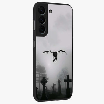 Graveyard Shadow Descent Glass Case upright view showcasing haunting graveyard artwork with dramatic dark theme.