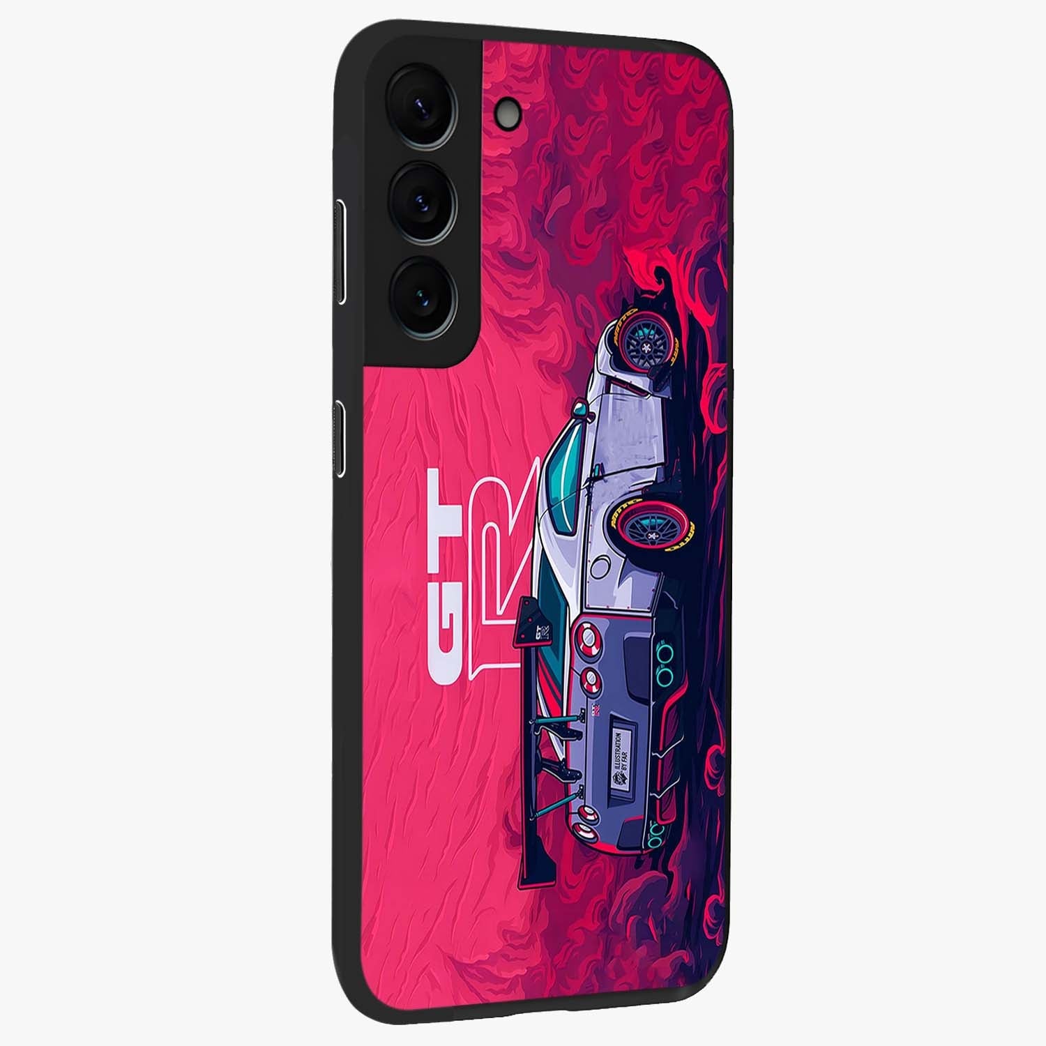 GT-R Car Pattern Glass Case upright view showcasing dynamic car pattern artwork with modern sports theme.