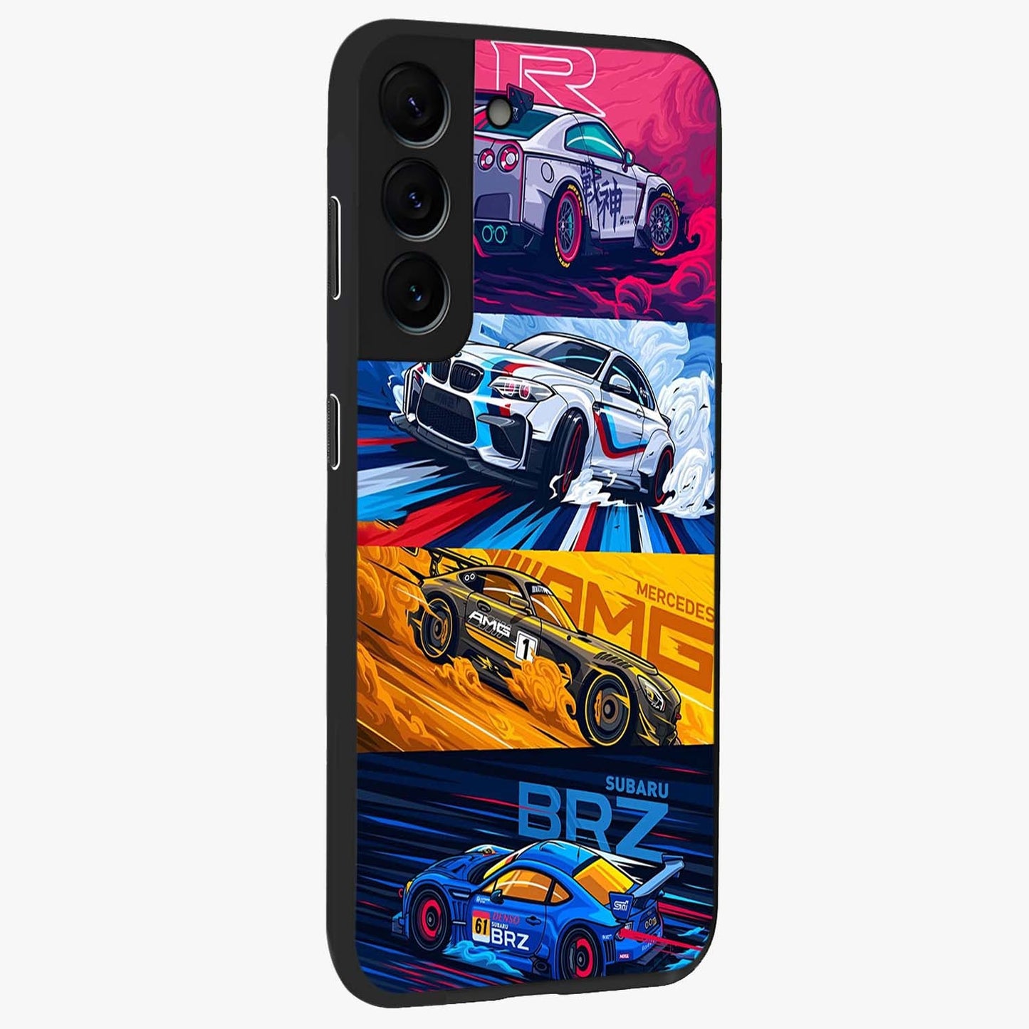 JDM Sports Car Glass Case upright view showcasing dynamic sports car artwork with bold racing theme.