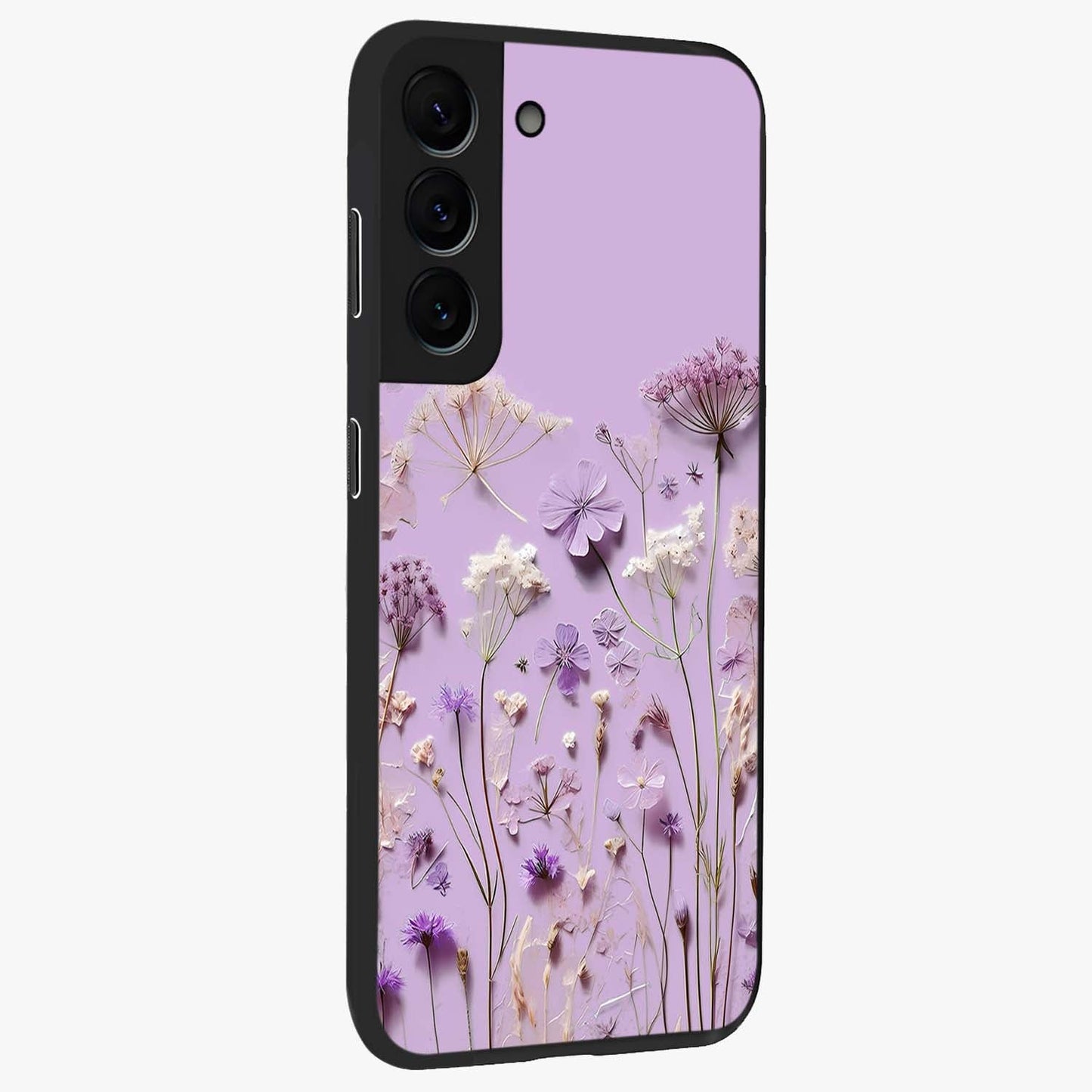 Lavender Blossom Dream Glass Case upright view showcasing delicate lavender blossom artwork with peaceful floral theme.