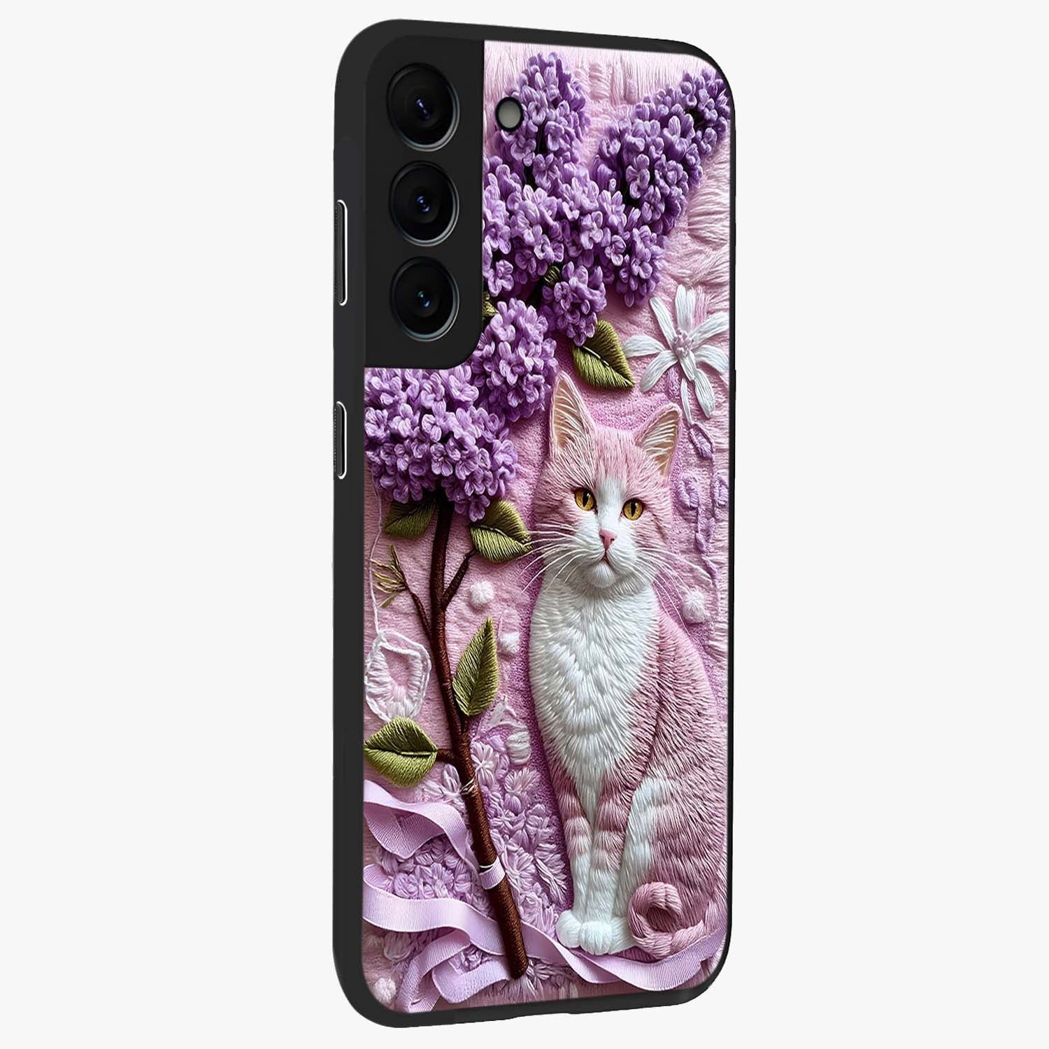 Lavender Cat Whimsy Glass Case upright view showcasing charming cat artwork with whimsical lavender theme.