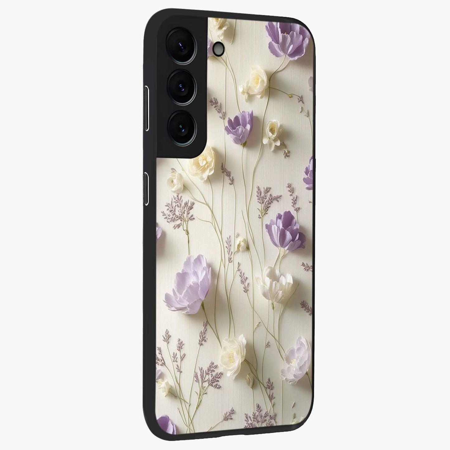 Lilac Breeze Harmony Glass Case upright view showcasing delicate lilac artwork with peaceful floral theme.