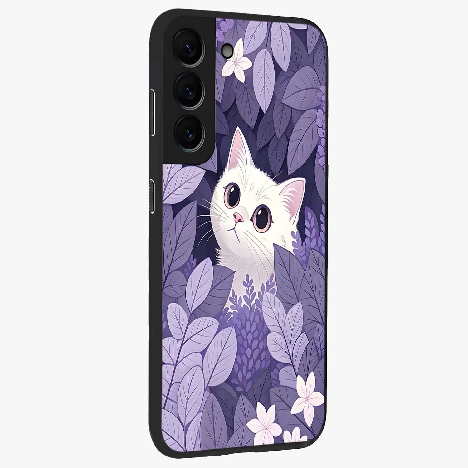Lilac Hide Peek Cat Glass Case upright view showcasing charming cat artwork with adorable peek theme.