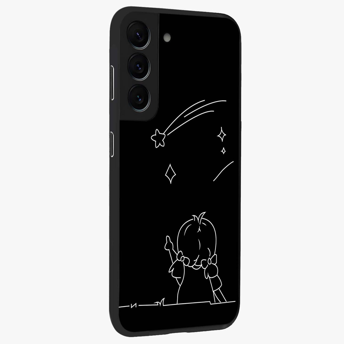 Line Art Girl With Shooting Stars Glass Case upright view showcasing delicate shooting stars artwork with minimal artistic theme.