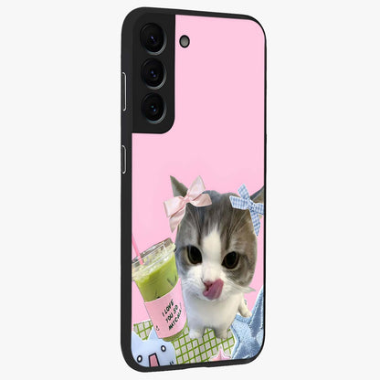 Love Matcha Cat Glass Case upright view showcasing adorable cat artwork with charming matcha themed design.