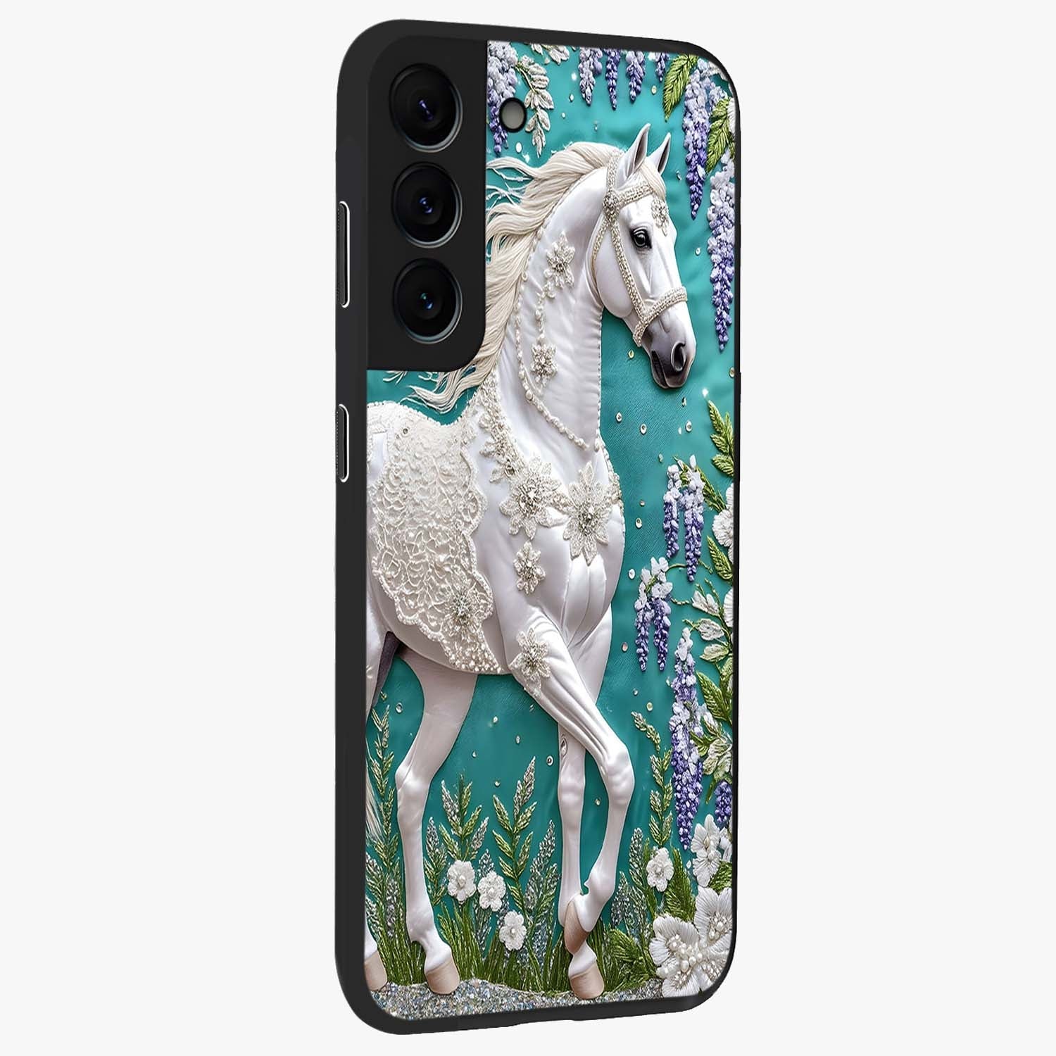 Majestic Floral Stallion Glass Case upright view showcasing dramatic horse artwork with decorative floral theme.