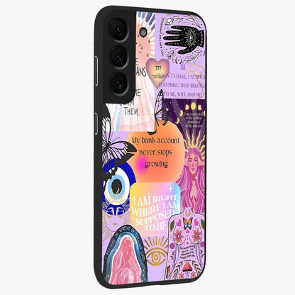 Manifestation Collage Glass Case upright view showcasing artistic manifestation themed artwork with creative style.