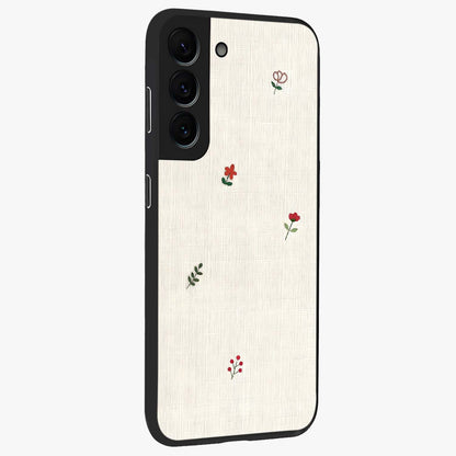 Minimalistic Blue With White Flower Pattern Glass Case upright view showcasing clean white flower artwork with calming blue theme.