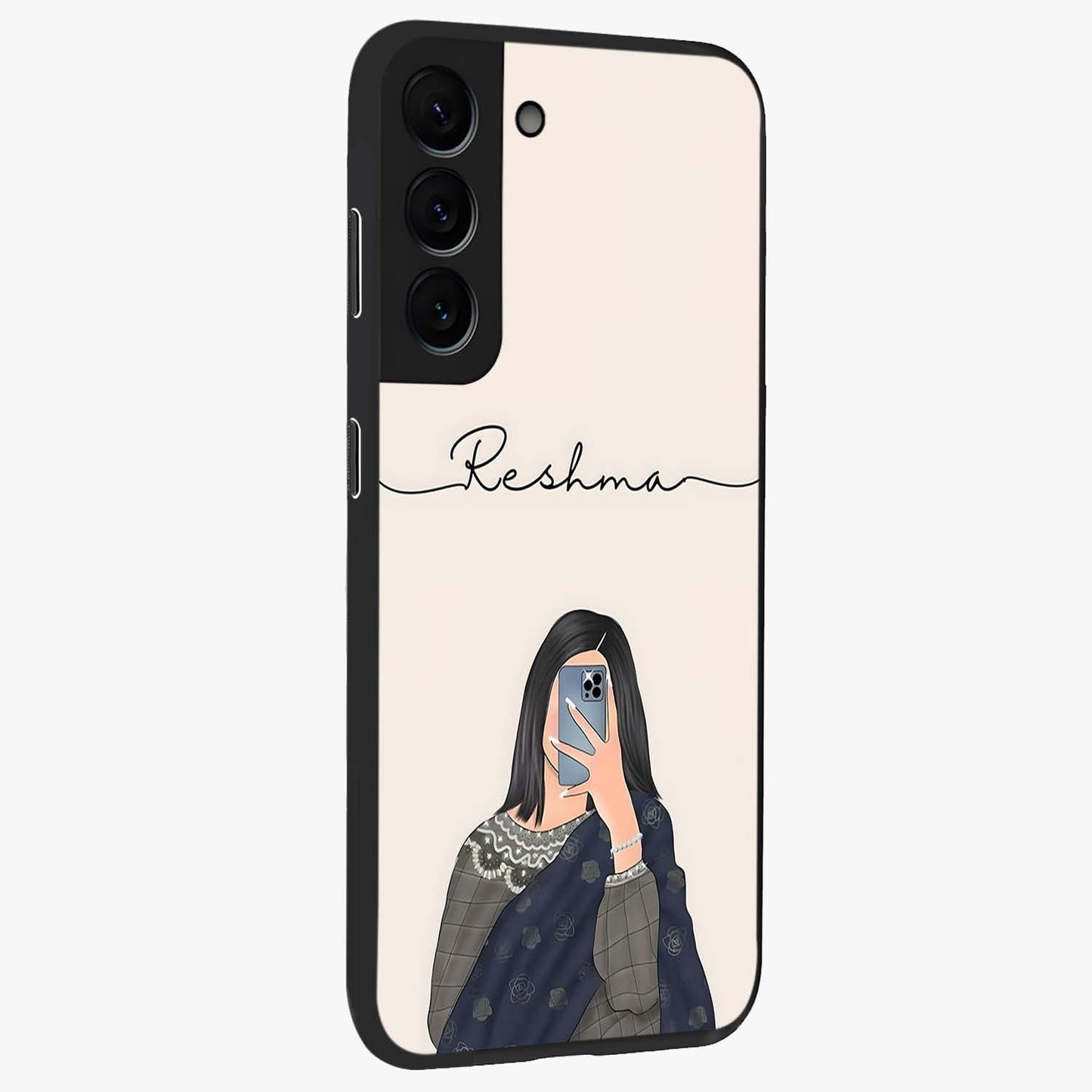 Mirror Mood Muse With Custom Name Glass Case upright view showcasing artistic mirror themed artwork with personalized aesthetic.