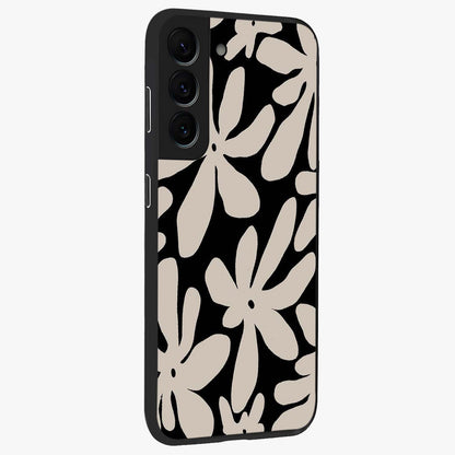 Monochrome Petal Dance Glass Case upright view showcasing artistic floral pattern with stylish monochrome theme.