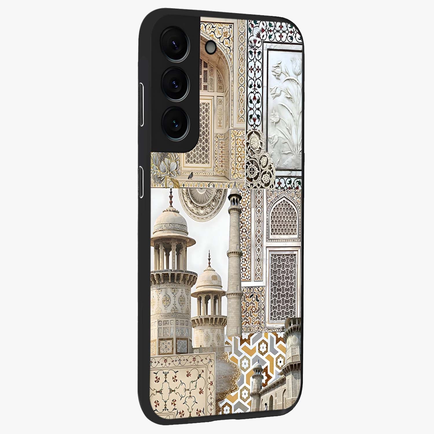 Mughal Marble Legacy Glass Case upright view showcasing ornate Mughal design with luxurious traditional theme.
