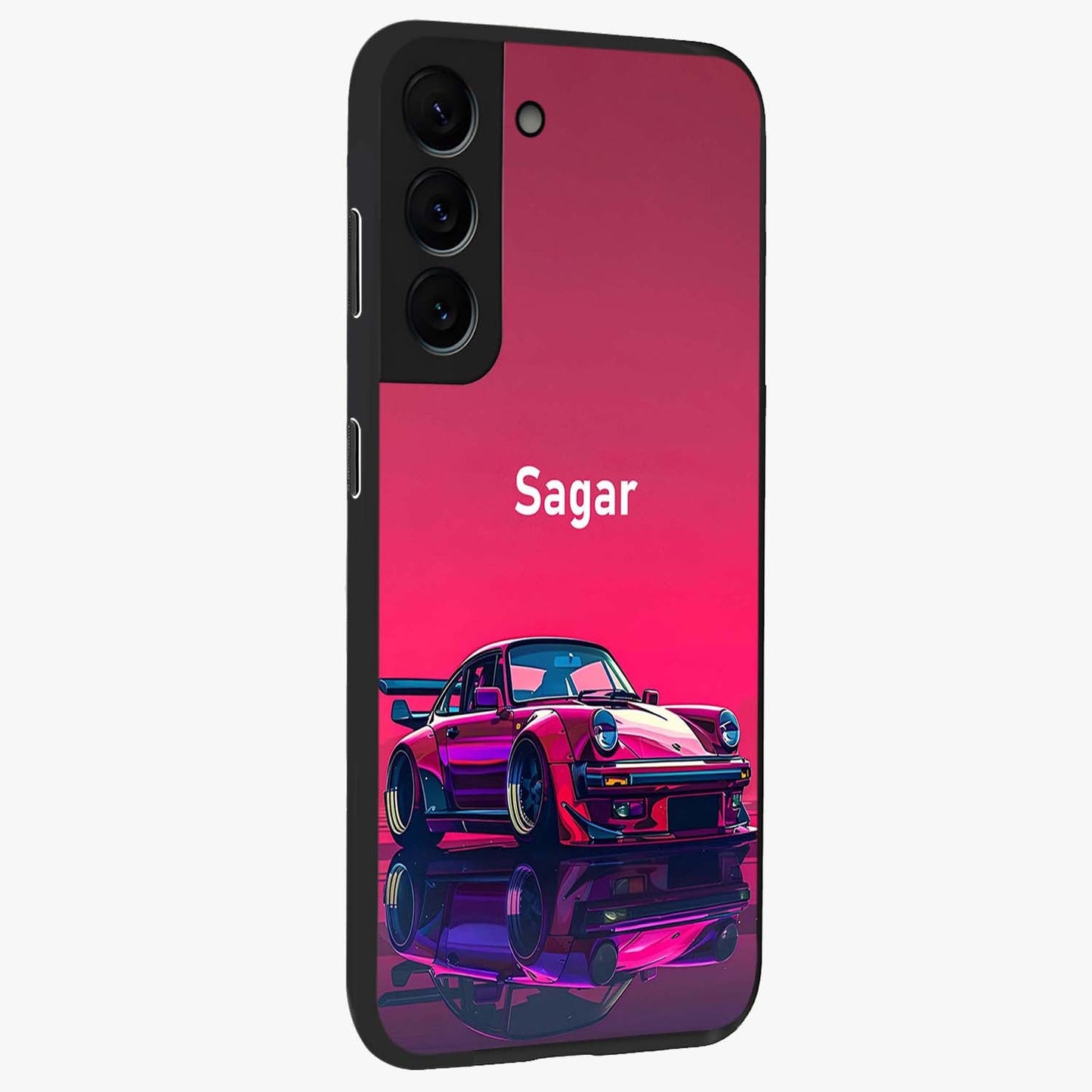 Neon Pink Porsche Glass Case upright view showcasing vibrant sports car artwork with bold automotive theme.