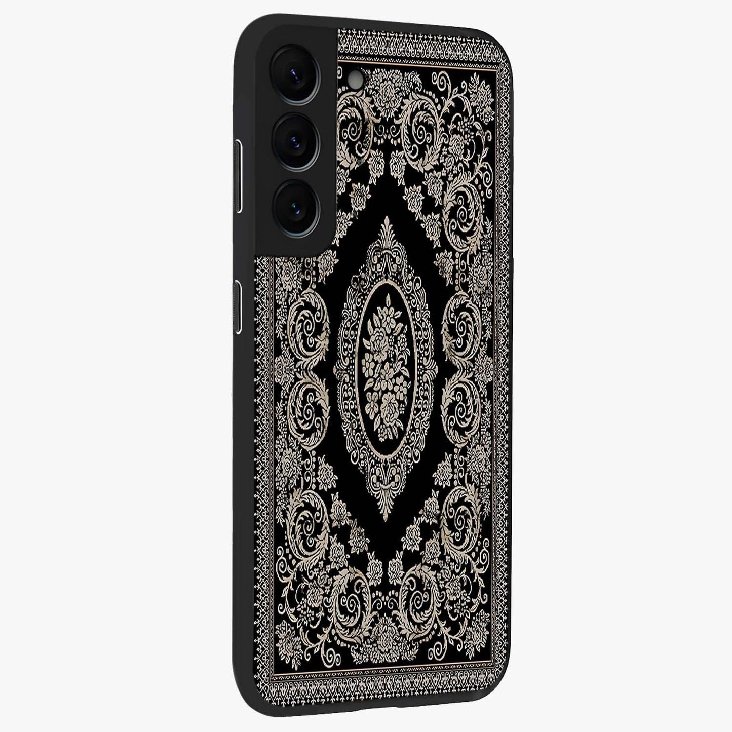 Noir Bloom Elegance Glass Case upright view showcasing graceful floral artwork with luxurious dark theme.