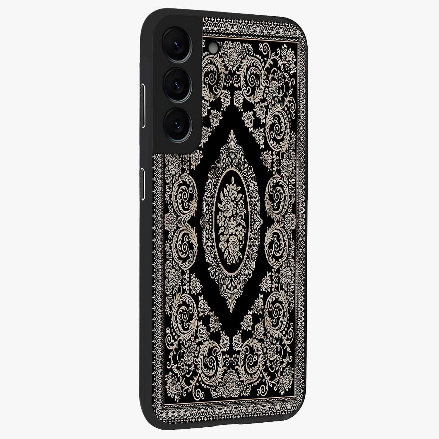 Noir Bloom Elegance Glass Case upright view showcasing graceful floral artwork with luxurious dark theme.