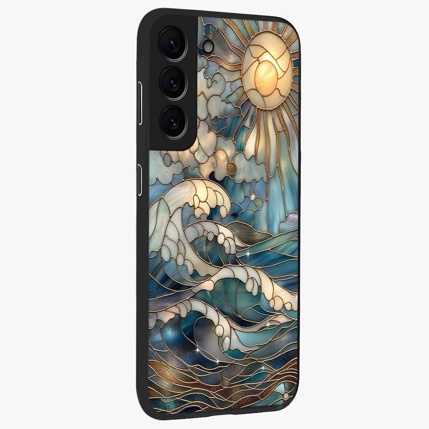 Oceanic Stained Printed Glass Case upright view showcasing decorative ocean pattern artwork with vibrant marine theme.