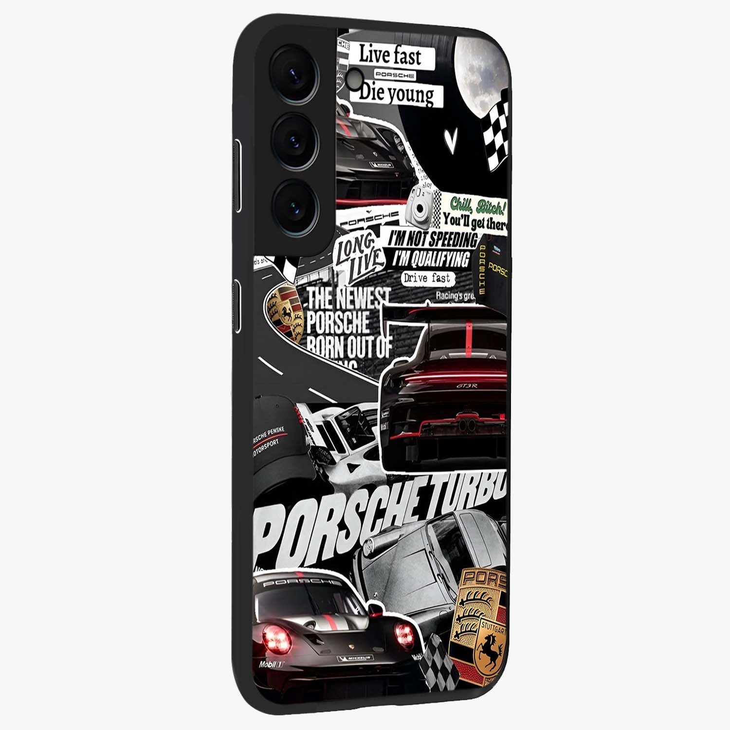 Porsche Racing Collage Glass Case upright view showcasing energetic car collage artwork with high speed racing theme.