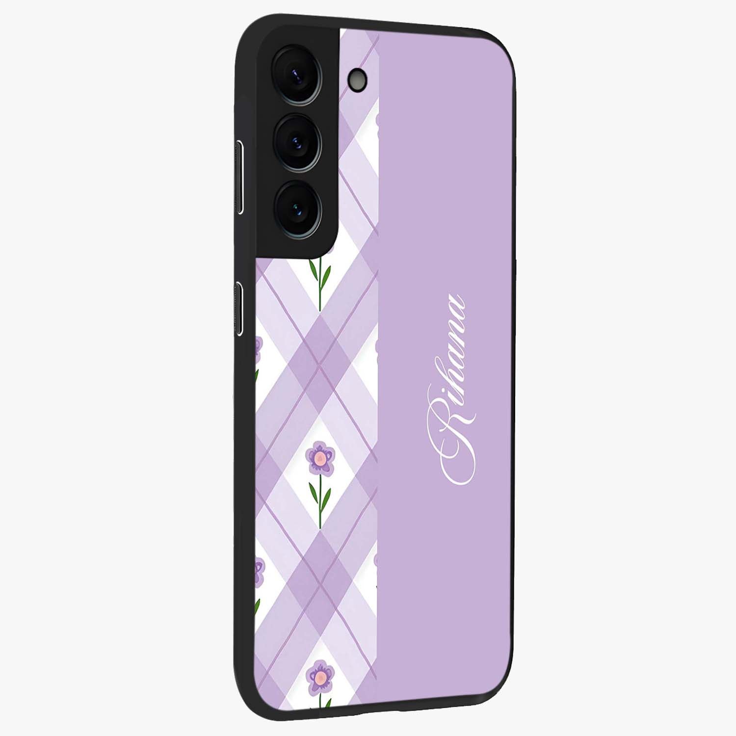 Purple Diamond Floral Glass Case upright view showcasing vibrant floral artwork with stylish geometric theme.