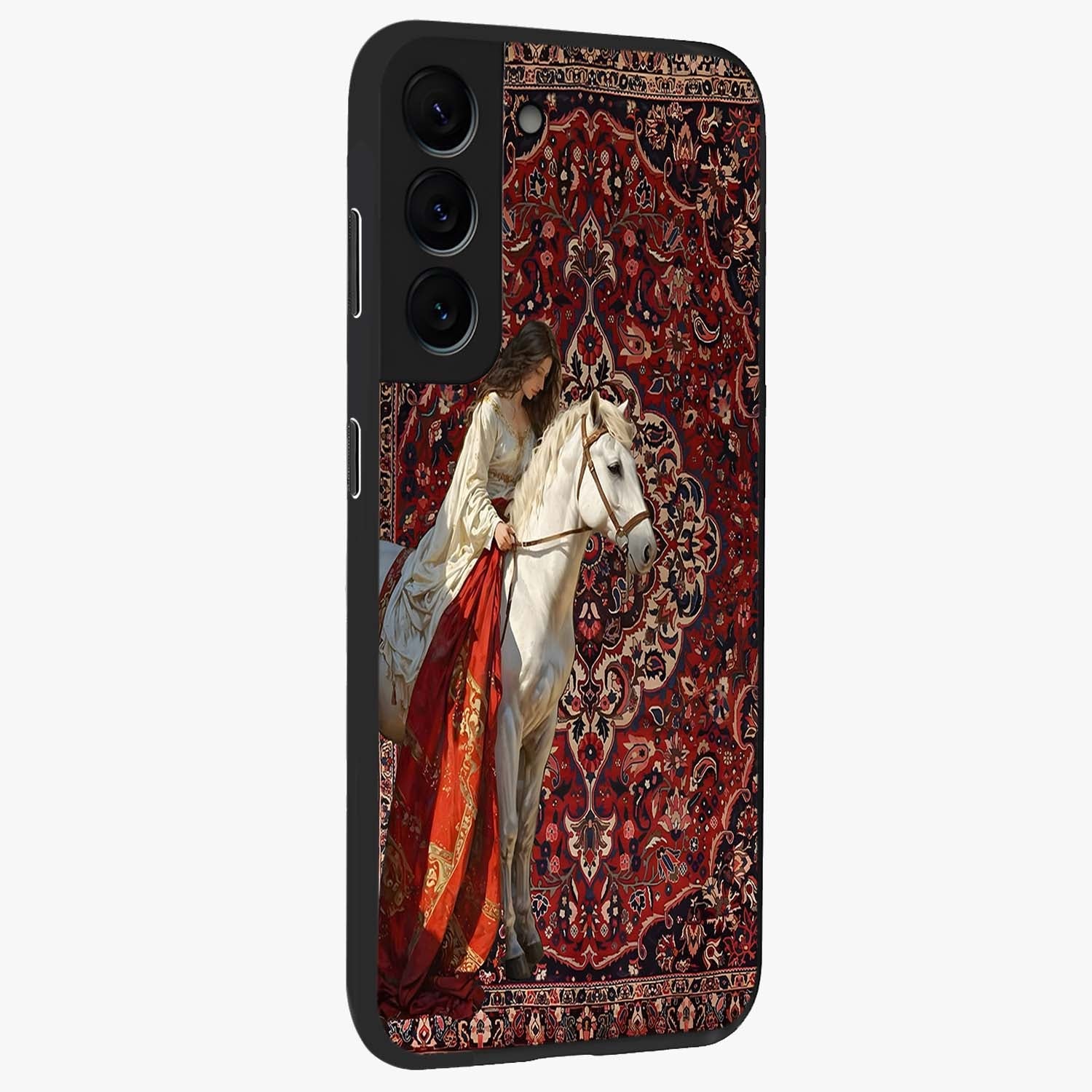 Royal Rider Tapestry Glass Case upright view showcasing detailed rider artwork with classic tapestry theme.