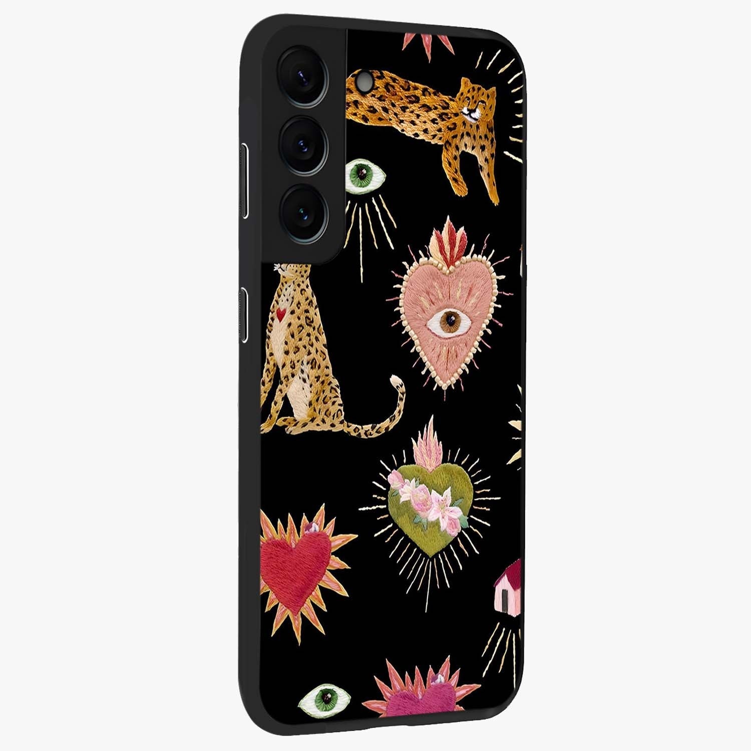 Sacred Jungle Heart Glass Case upright view showcasing vibrant jungle artwork with symbolic heart theme.